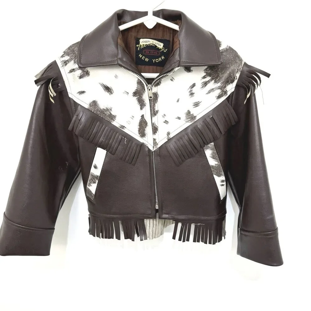 Vintage 60s 70s Thermo &Togs Kids Western Vinyl Fringe Jacket Cowhide Style